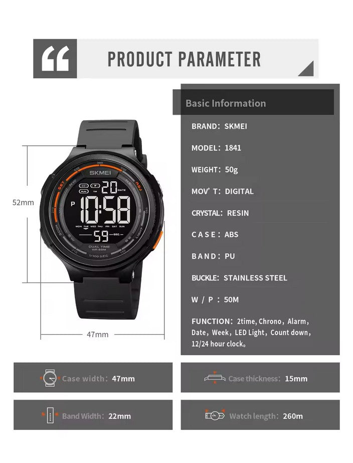 Skmei 1841 Γκρί Αθλητικό Ρολόι με Λουράκι Σιλικόνης Πολλαπλών Λειτουργιών Μαύρη Οθόνη