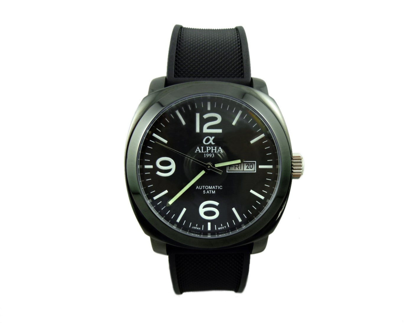 Alpha α 1993 Αυτόματο Μαύρο Γυαλιστερό Αυτόματο Μαύρο Καουτσούκ Λουράκι και Μαύρο Καντράν με Ημερομηνία και Ημέρα