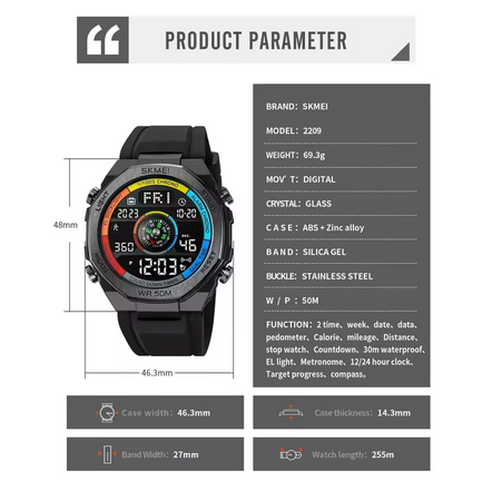 Skmei 2209 Αθλητικό Ρολόι με Λουράκι Σιλικόνης Πολλαπλών Λειτουργιών με Πυξίδα με Μαύρη Οθόνη