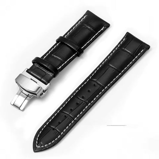 Μαύρο δερμάτινο με Λευκές Ραφές σε 19mm croco λουράκι με κούμπωμα διπλής πεταλούδας