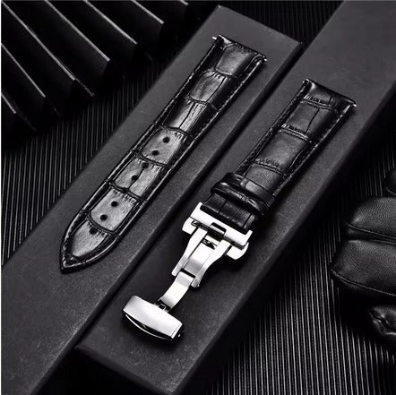 Μαύρο δερμάτινο croco λουράκι με κούμπωμα διπλής πεταλούδας σε 20mm