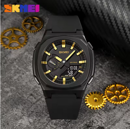 Skmei 2091 Μαύρο Χρυσό Αθλητικό Ρολόι με Λουράκι Σιλικόνης Πολλαπλών Λειτουργιών Μαύρη Οθόνη