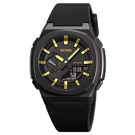 Skmei 2091 Μαύρο Χρυσό Αθλητικό Ρολόι με Λουράκι Σιλικόνης Πολλαπλών Λειτουργιών Μαύρη Οθόνη