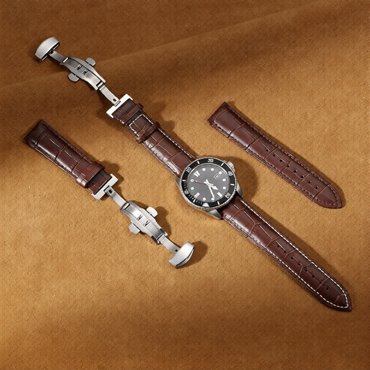 Καφέ δερμάτινο croco λουράκι σε 22mm με κούμπωμα διπλής πεταλούδας